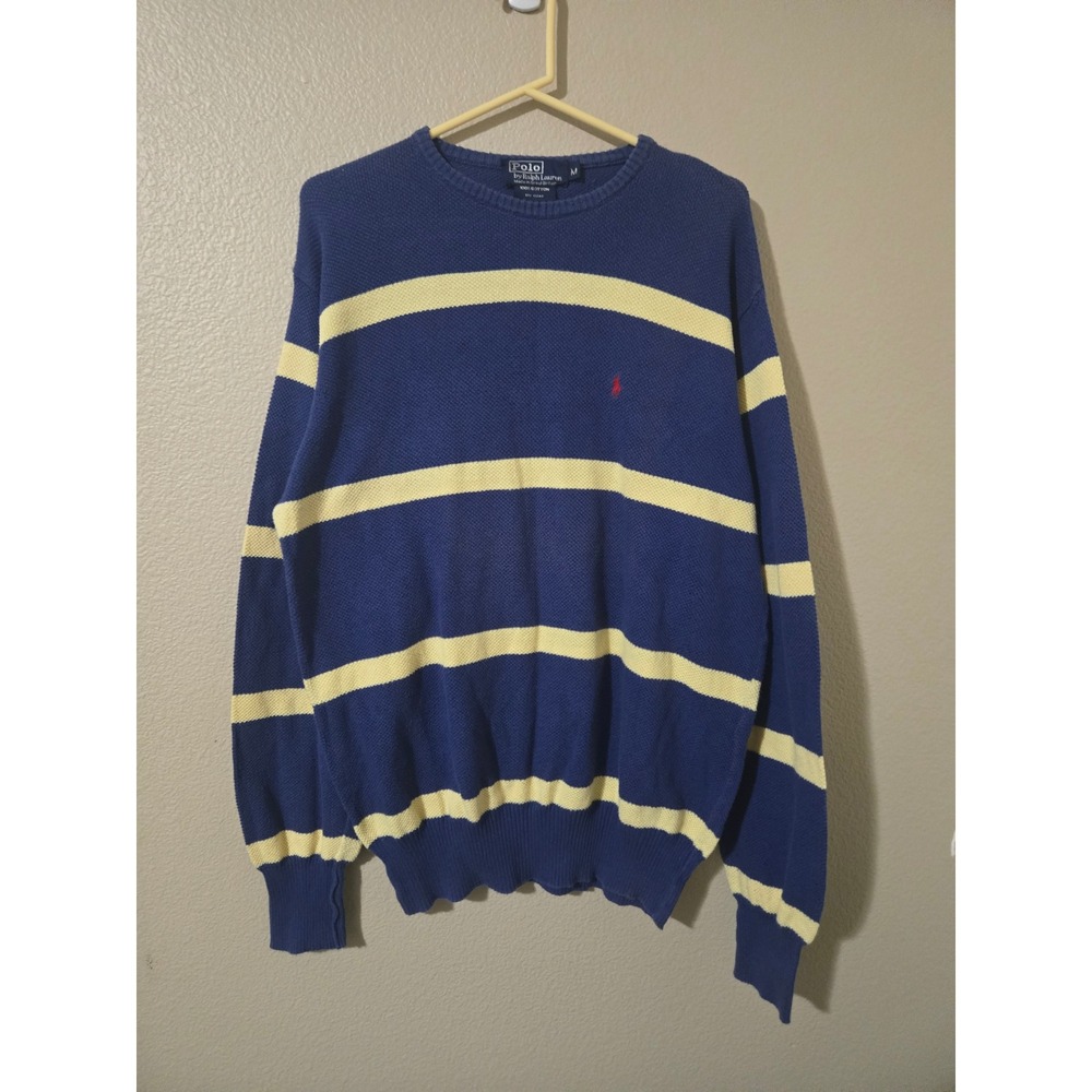 Vintage Polo Ralph Lauren Mens Blue Yellow Striped Cotton Knit Sweater  Size M